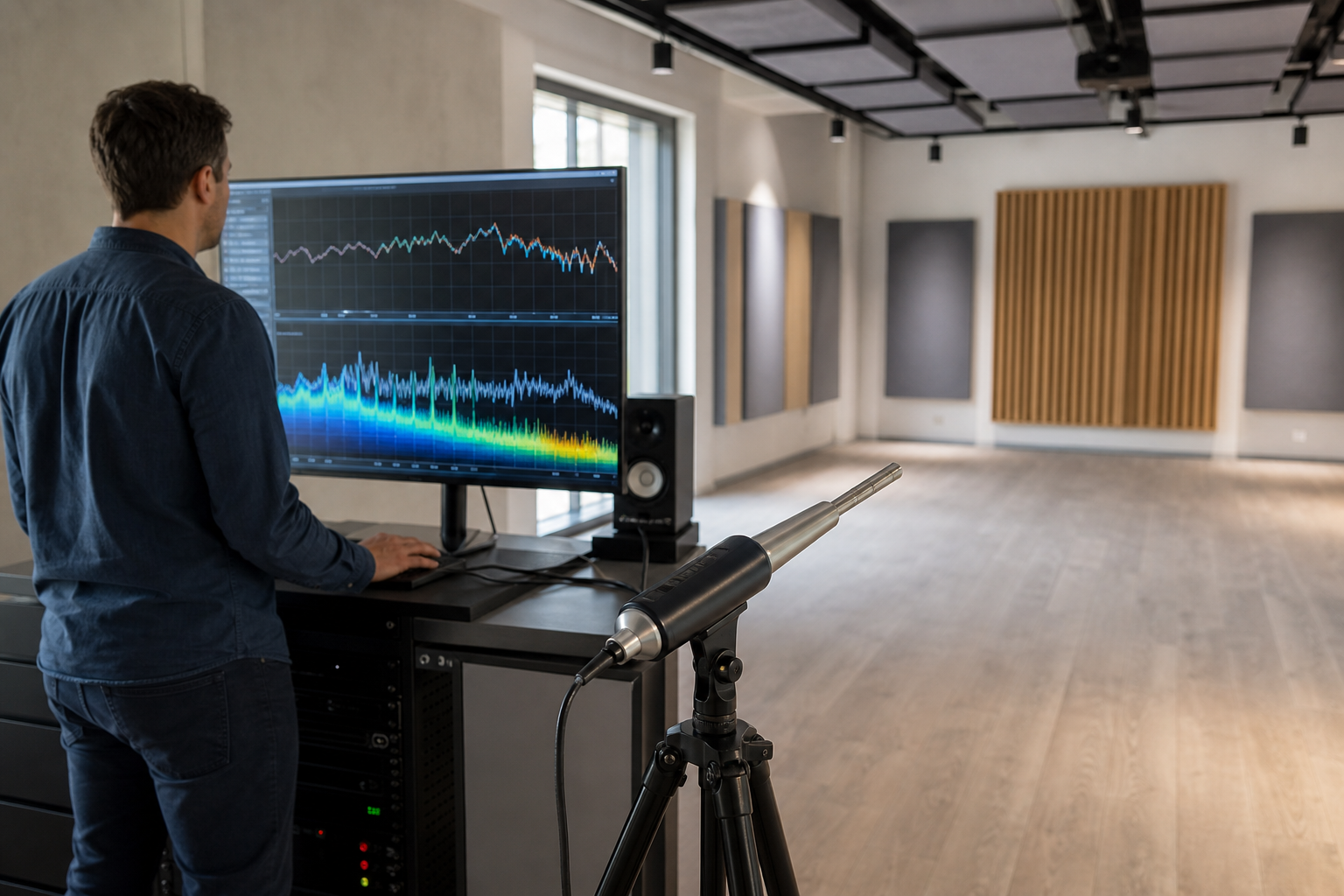 Ingénieur acoustique analysant une courbe de réponse en fréquence sur un écran avec micro de mesure