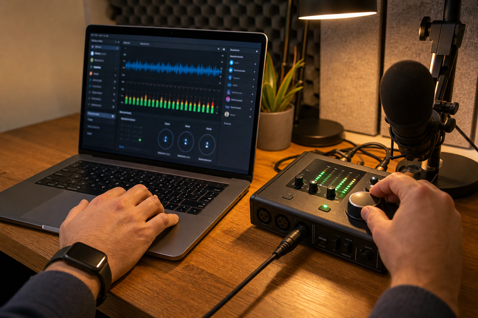 Mains réglant un encodeur de streaming radio web avec interface audio et niveaux lumineux