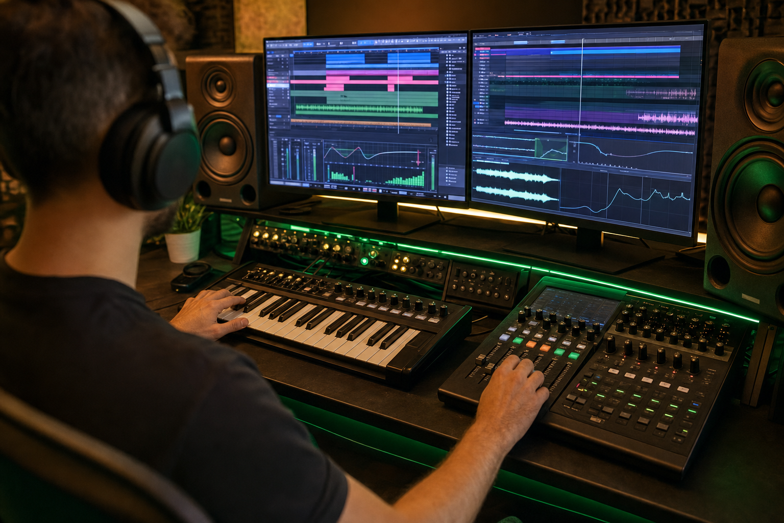Ingénieur du son composant un habillage sonore radio sur une station de travail audio avec claviers MIDI