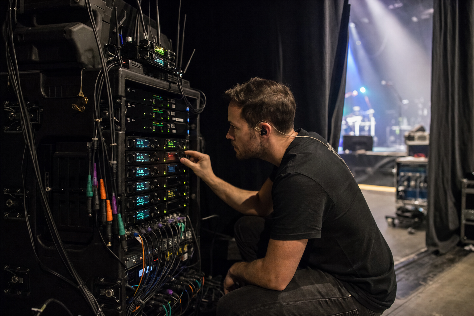 Technicien vérifiant des récepteurs de micros HF sans fil et des transmetteurs d'oreillettes avant un concert