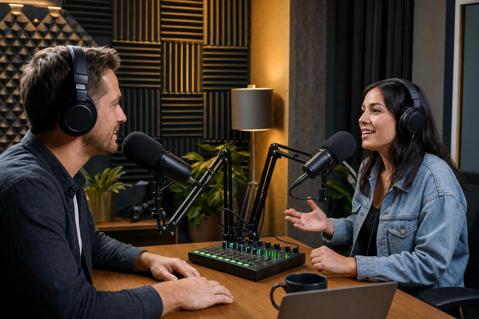 Deux personnes enregistrant un podcast avec micros professionnels dans un studio traité acoustiquement